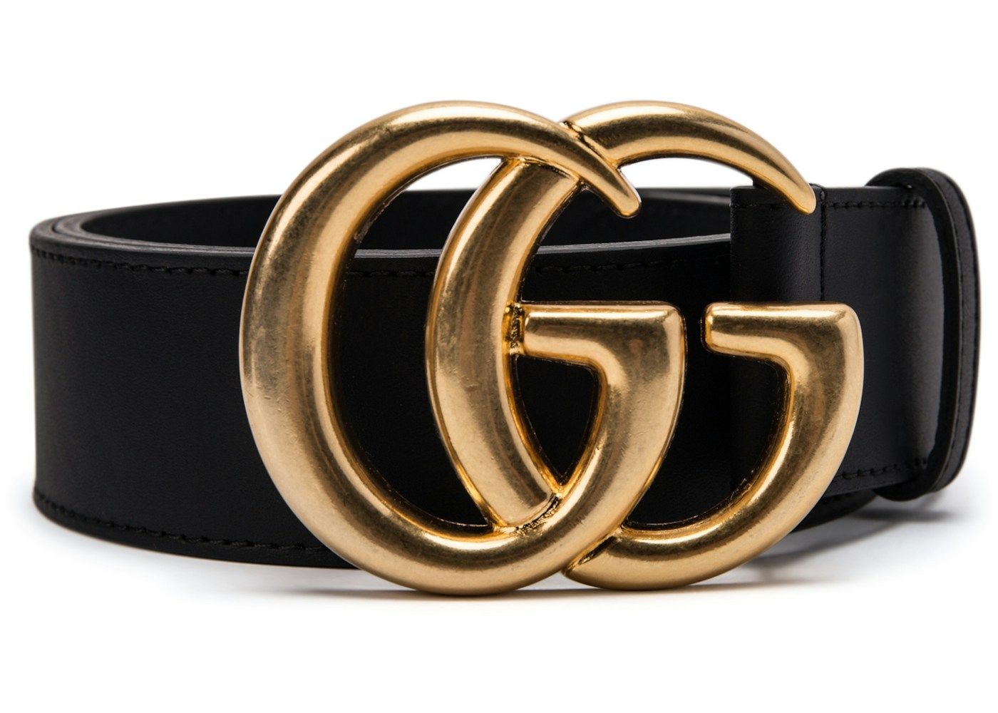 Gucci Double G Wide Leather Belt Antique Brass Buckle 1.5 Width Black