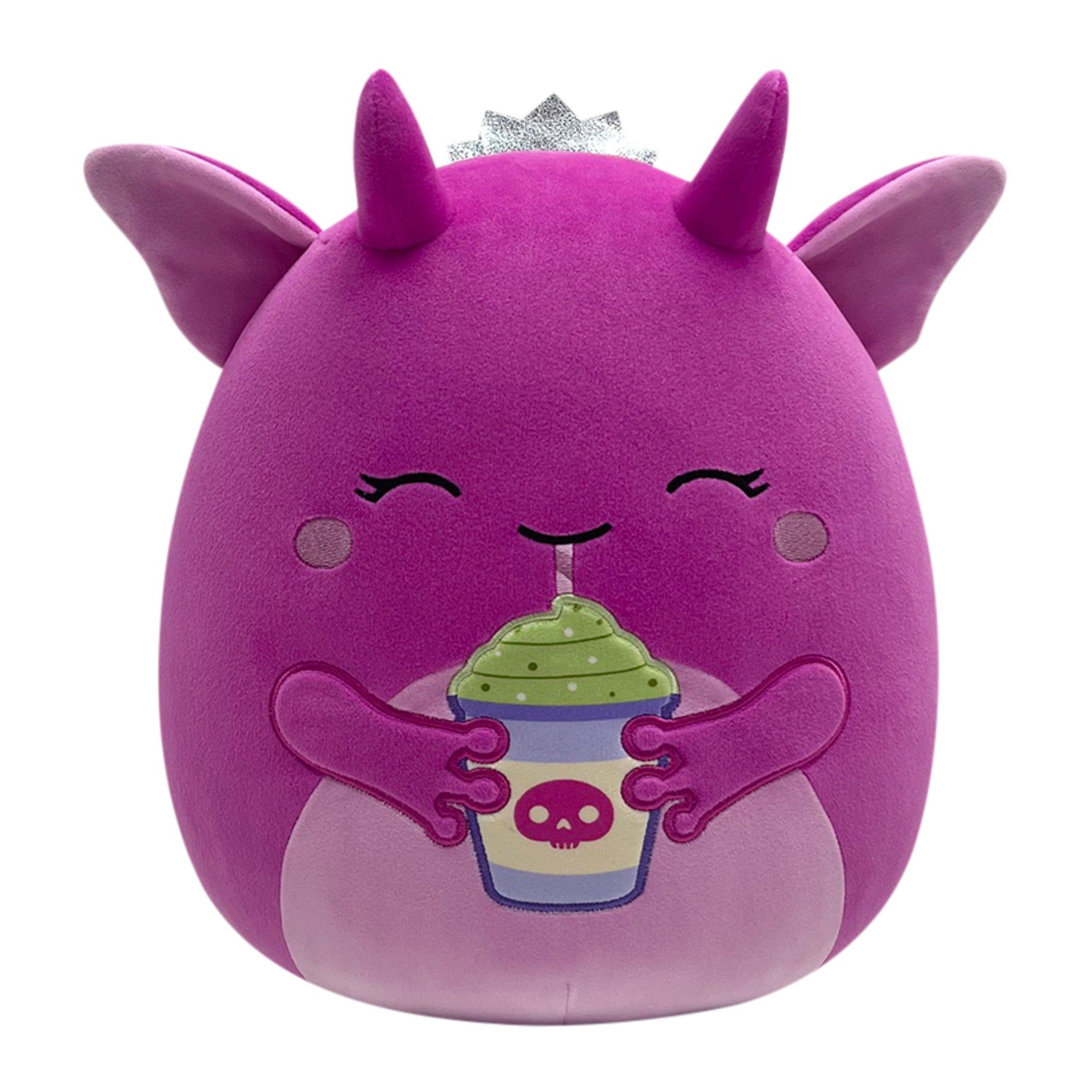 Squishmallows Loca the Hot Pink Goblin Princess Holding Latte